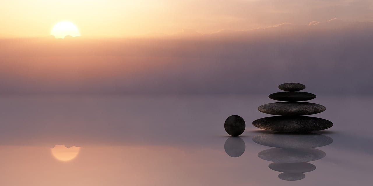 balance, stones, stack, stack of stones, reflection, nature, mirroring, mirror image, sunset, dusk, twilight, meditation, meditate, silent, sky, sun, clouds, wellness, zen