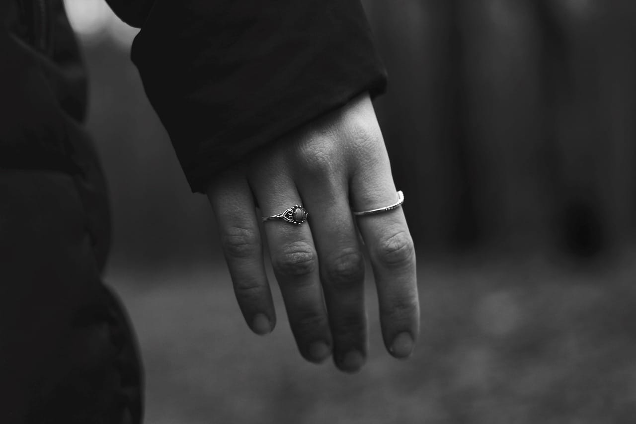 hand, back of hand, finger, rings, jewellery, woman, female, outdoors, jacket, cold, winter, detail, close up, emotion, sad, in love, black-and-white, hand, jewellery, winter, sad, sad, sad, sad, sad