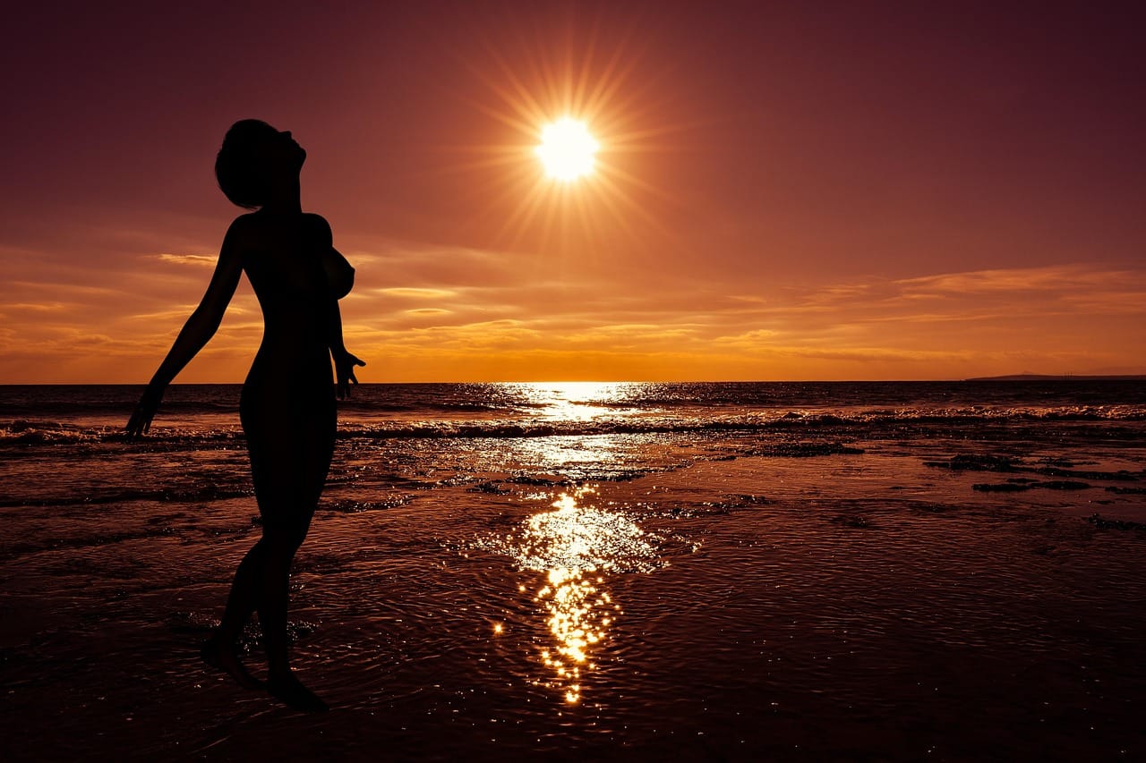 sunset, sun, dusk, sea, reflections, woman, silhouette, shadow, horizon, colorful, naturism, nudism, nature, naturism, naturism, naturism, naturism, naturism, nudism