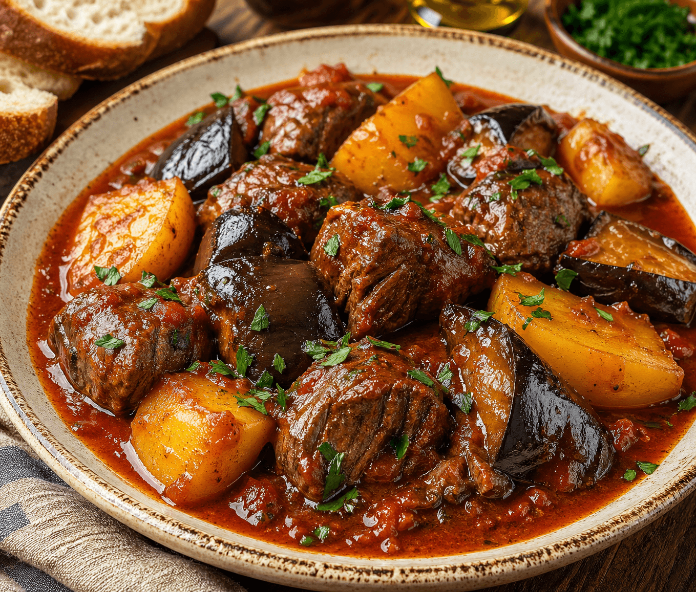 Κοκκινιστό Κρέας με Μελιτζάνες και Πατάτες